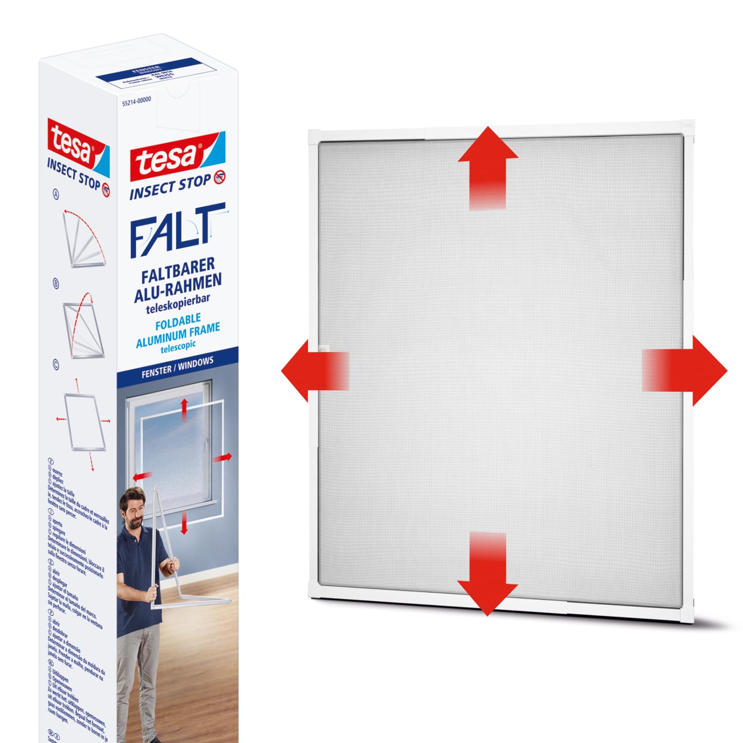 tesa INSECT STOP FALT Aluminum Frame for Windows - Foldable Alu Frame - Fly Screen - with Adjustable Telescopic Frame - 80 cm x 80 cm to 140 cm x 140 cm - White