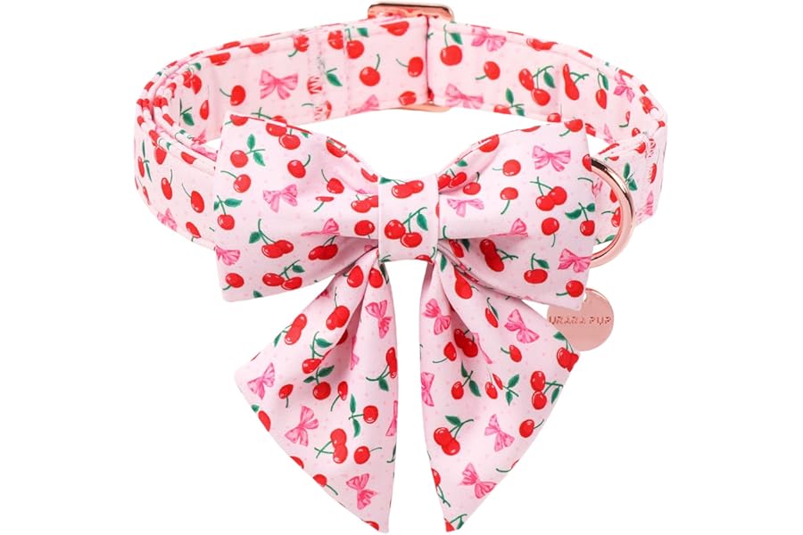 UP URARA PUP Spring and Summer Dog Collar with Bow Tie, Cherry Bowtie Collar Adjustable for Girl Boy Dog, Spring Pink Bow Collar for Dogs, L