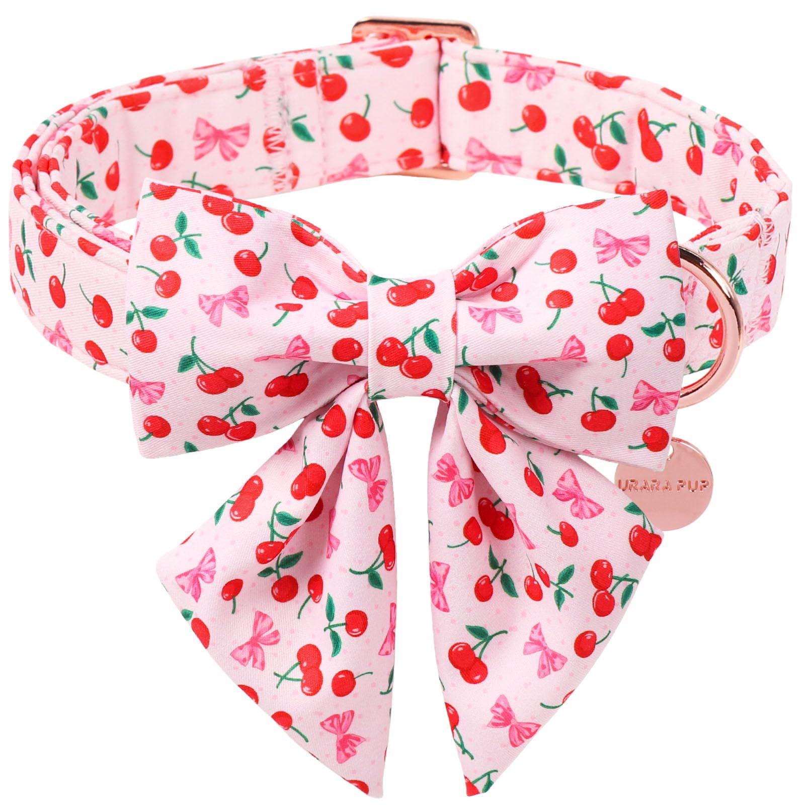 UP URARA PUP Spring and Summer Dog Collar with Bow Tie, Cherry Bowtie Collar Adjustable for Girl Boy Dog, Spring Pink Bow Col