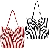 ELYEEBLEE 2 Pcs Lightweight Soft Casual Striped Canvas Shopping Tote Bags with Inner Pocket