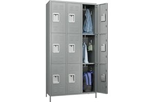 SUXXAN 9 Doors Metal Lockers for Employees with 27 Hooks for Offices School Gyms Home,Assembly Required, Light Gray