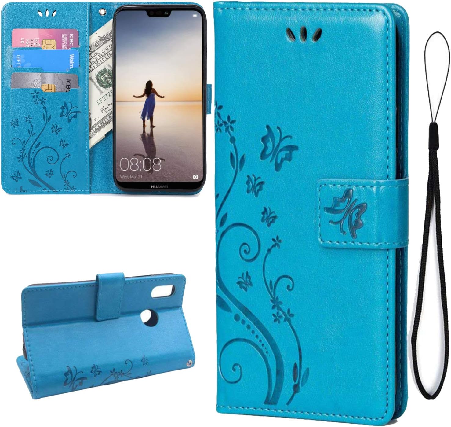 Teebo Wallet Case for Huawei P20 Lite/Nova 3e, PU Leather Stand Function with Magnetic Closure [Butterfly Flower] Card Slots Holder Pocket Flip Cover for Huawei P20 Lite/Nova 3e(Blue)