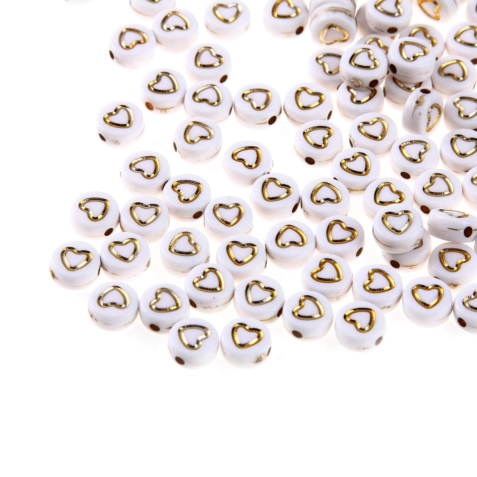 200pcs White Acrylic Heart Beads 7mm Flat Round Pony Disc Coin with Gold Hollow Heart Pattern Loose Spacer Beads for DIY Bracelet Jewelry Making