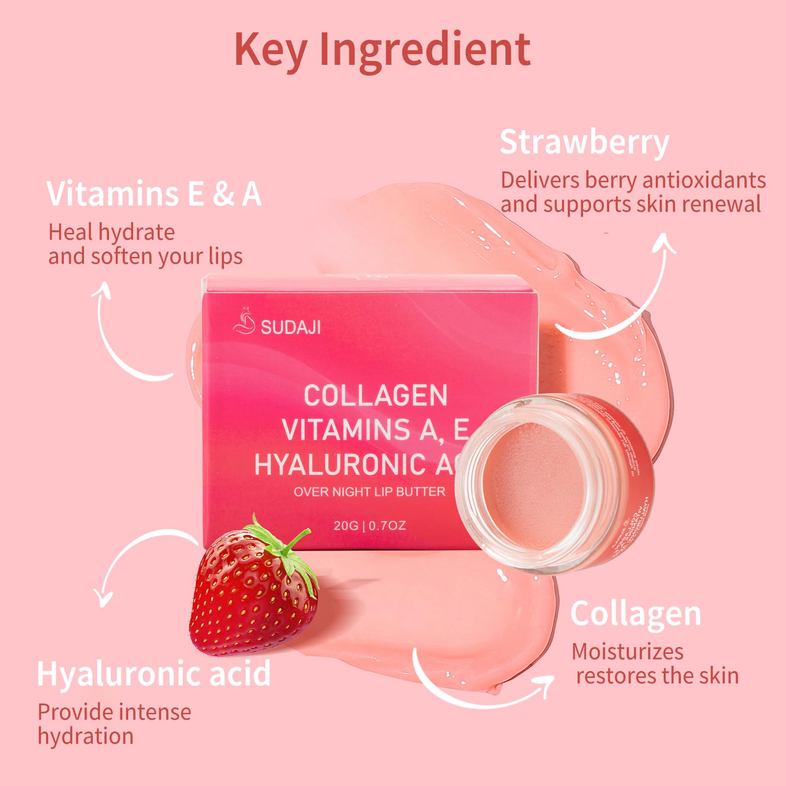 Collagen Lip Mask, Hydrating Lip Balm, Lip Moisture with Hyaluronic Acid & Vitamins E, A- Overnight Sleeping Nourishing Lip Butter Balm for Dry Lips 0.7 Oz​​