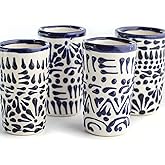 MEXTEQUIL - Talavera Shot Glasses Set of 4 Authentic Mexican Tequila Shot Glasses - Hand-painted - 2 Oz (Blue Lace)