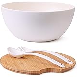 Clean Dezign Large Salad and Serving Bowl with Bamboo Wood Lid and Servers Set - 11.5" Bamboo Fiber Mixing Bowl and Utensils 