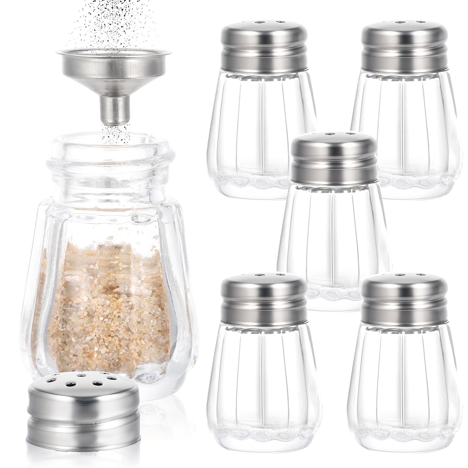 Thinp 6 Pcs Mini Glass Salt & Pepper Shakers with Stainless Lids & Funnel for Kitchen & Restaurants