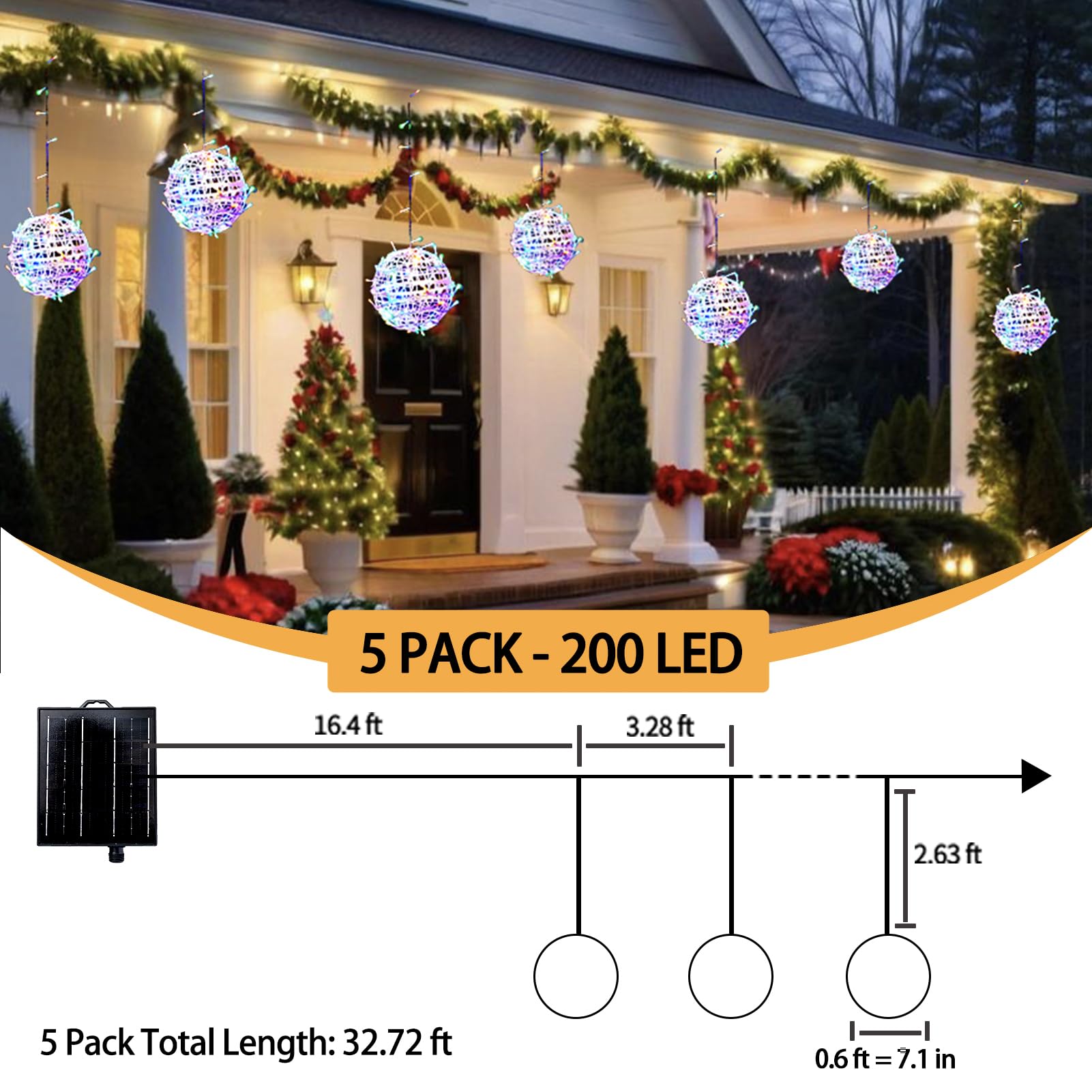 WISEgham Christmas Solar String Lights Outdoor, 5Pc 200LED 32.8ft Solar Powered Globe Fairy Lights Waterproof, 8 Modes Ball Lights Outside for Tree Garden Yard Porch Lawn Holiday Decor, Multicolor