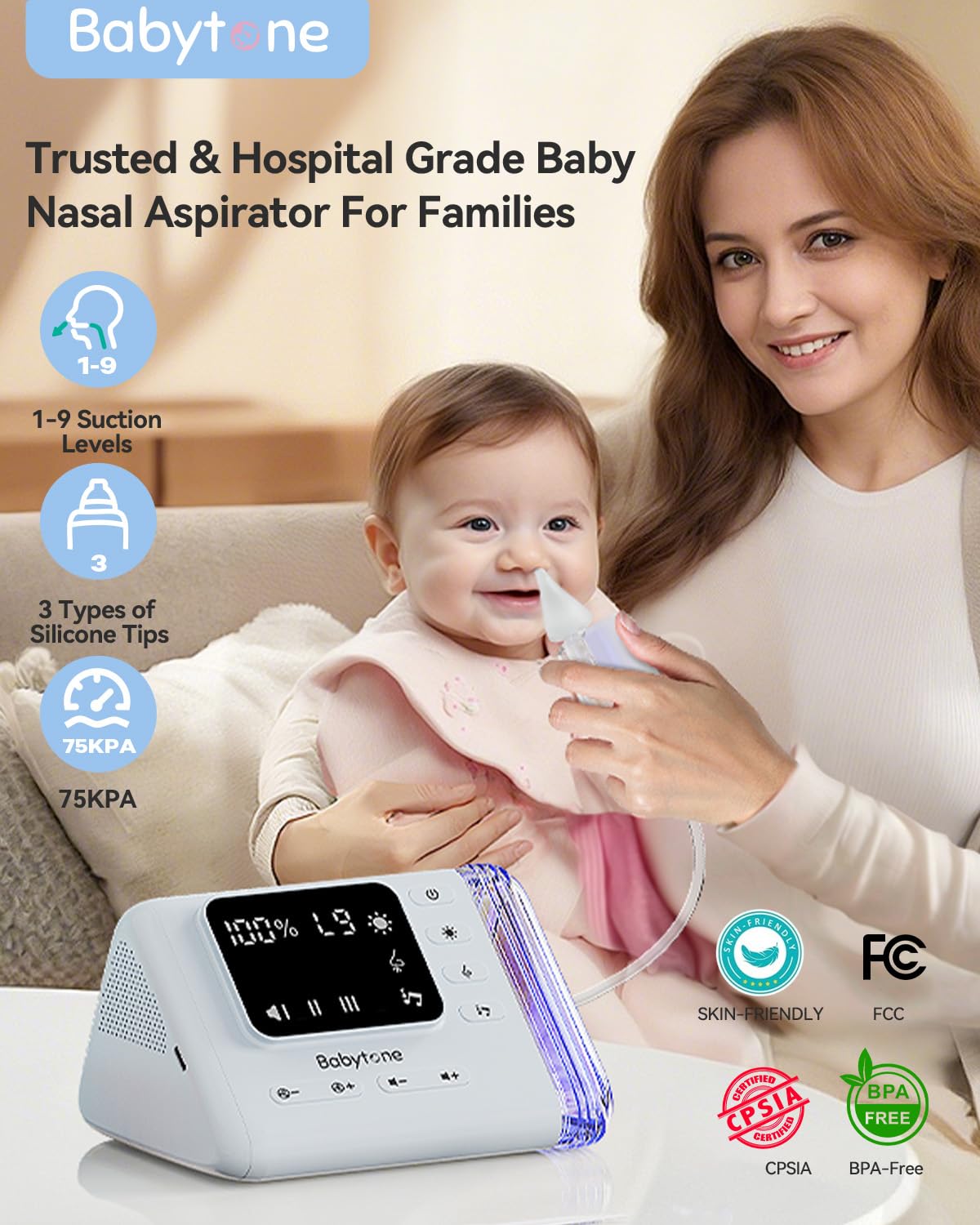 Babytone Baby Nasal Aspirator - Electric Nose Suction Hosptial-Grade, Booger Sucker for Babies,Toddler, Infant,Adult, Nose Cleaner with 3 Tips,9 Suction Levels,Music, Night Light, Integrated Storage