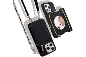 Stylivolve Crossbody Mirror Case Wallet for iPhone 16 Pro Max with Strap, RFID Blocking Card Holder, Zippered Purse Phone Cover for Women - 6.9", (Black)