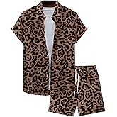 BEAUDRM Men's 2 Piece Leopard Print Outfits Cheetah Button Down Shirts and Drawstring Shorts Set Vacation Outfits