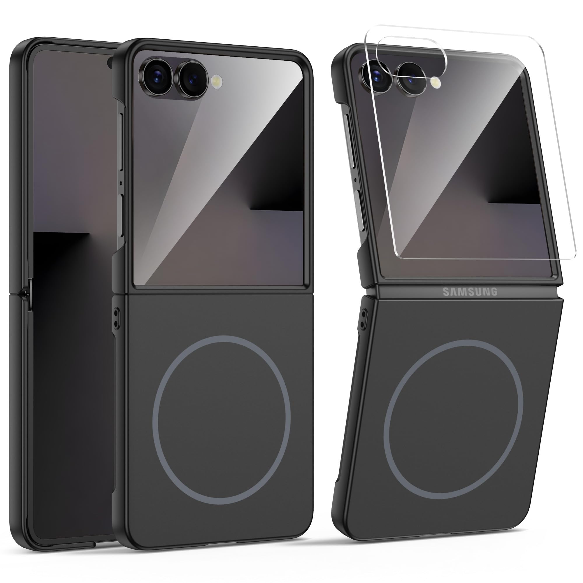 Photo 1 of MAKAVO Magnetic for Samsung Galaxy Z Flip 7 Case, Compatible with MagSafe, Built-in Screen Protector, Flip7 Slim Hard Shockproof Phone Cover, Black