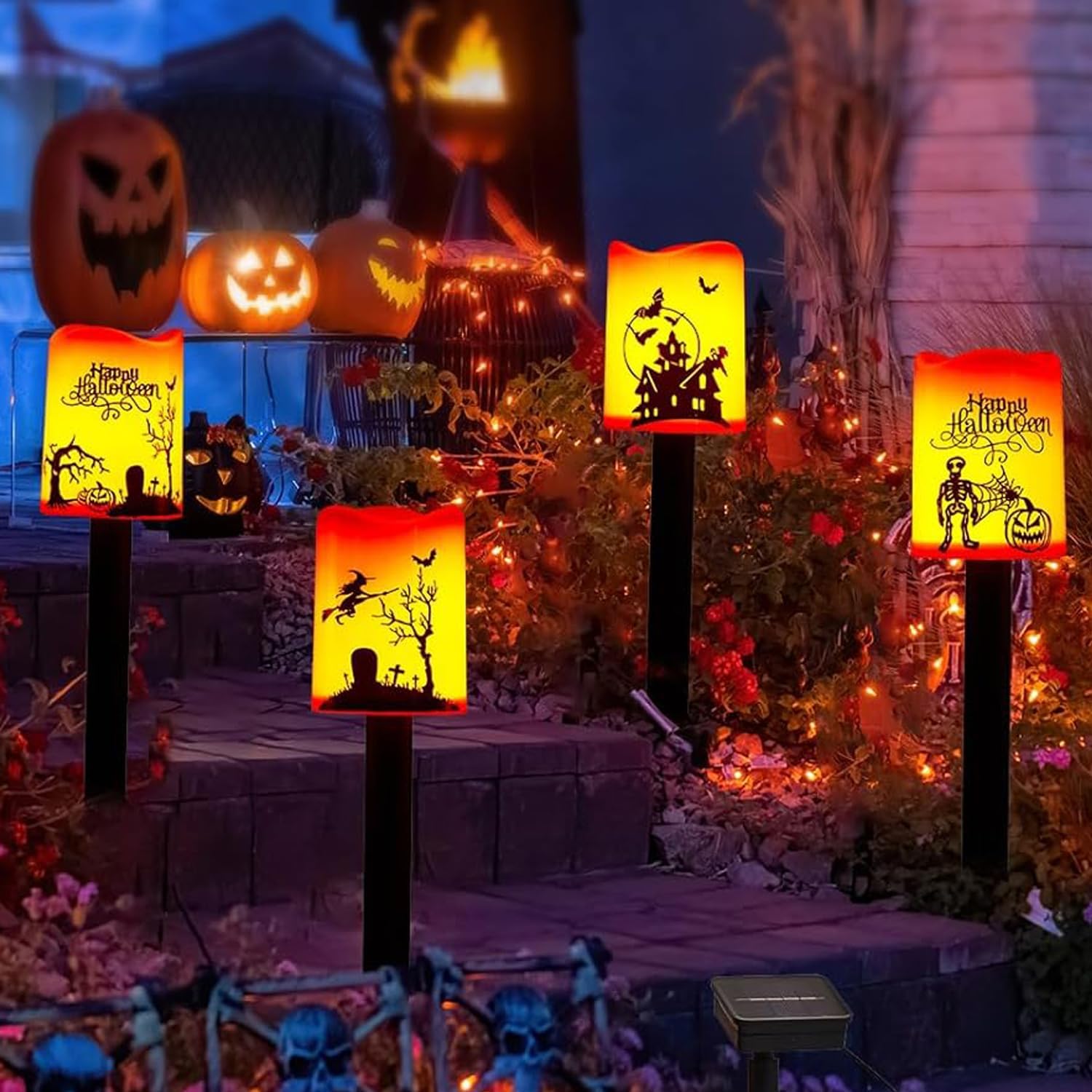 Lighting - HUYIENO Solar 4PCS Halloween Candles Flickering Flameless LED Lights Outdoor Waterproof Halloween Decorations for Garden