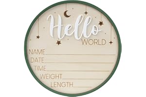 CUNCUN Hello World Wooden Birth Announcement Sign, 6.2 inch Round Nursery Photo Prop, Baby Name Weight Length Date Time Plaque (BB62)