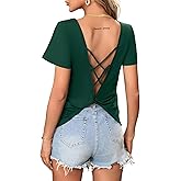LilyCoco Womens Backless Top Open Back Twist Criss Cross Short Sleeve V Neck T Shirt