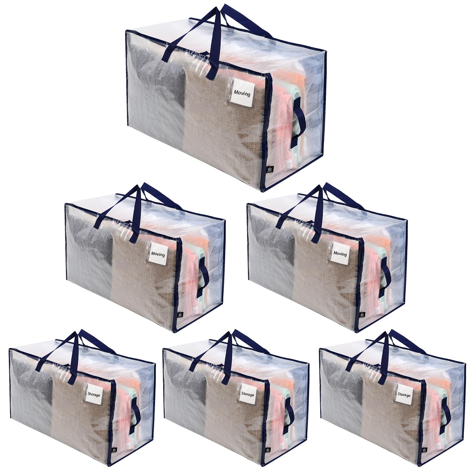 VENO 6 Pack Heavy-Duty Oversize Large Storage Bag Organizer with Zips and Tag Pocket for Moving, Clothes Storage, Laundry Bag, Packing, House Solutions, Sustainable, Water-Resistant (Clear, 6 Pack)