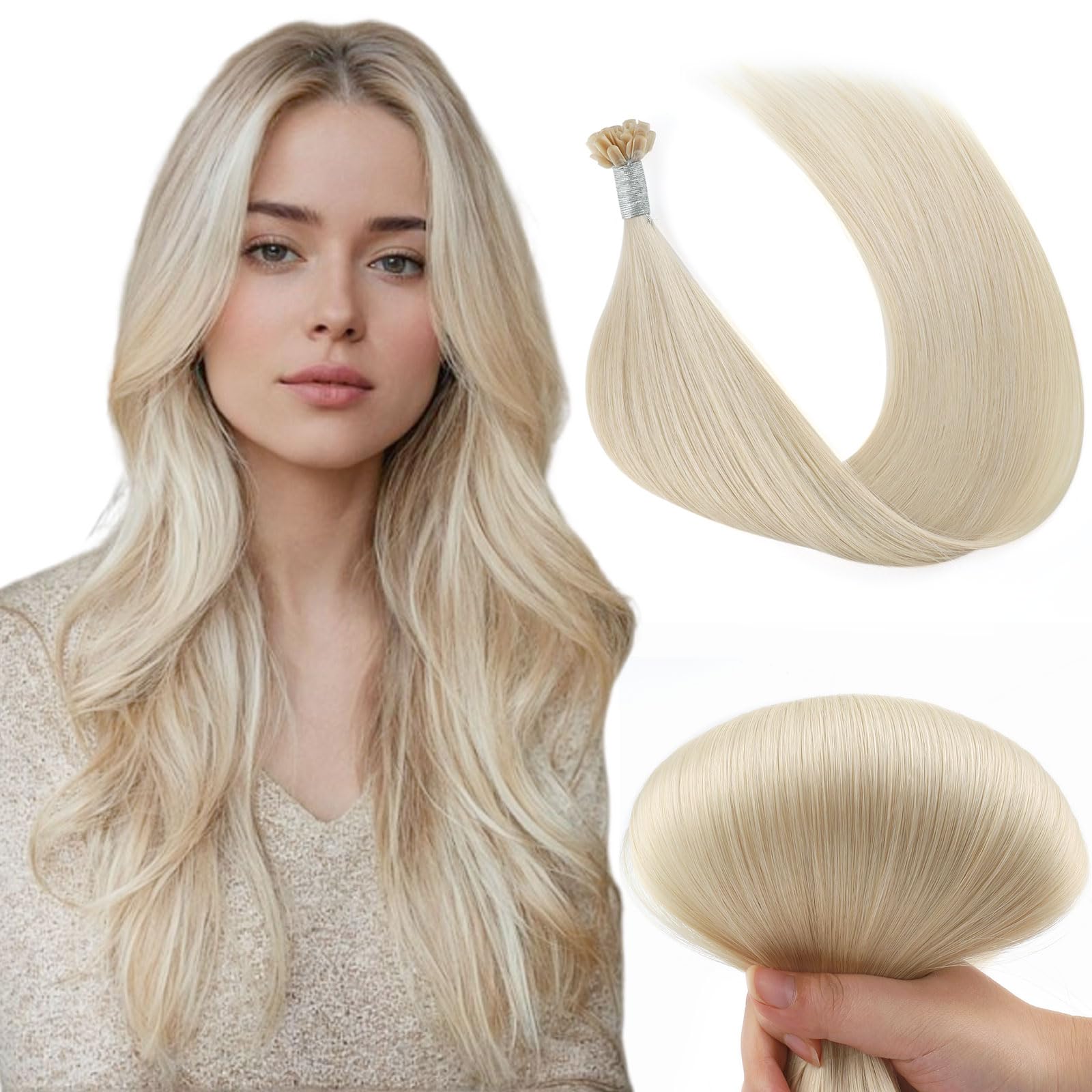 Yuniffe U Tip Hair Extensions Real Human Hair Extensions U Tip Hot Fusion Hair Extensions Remy Straight Hair Extensions Nail Tip Keratin Real Hair Extensions Platinum Blonde 20 inch 50g/50s