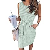 MEROKEETY Women's 2026 Summer Casual Dress Striped Sleeveless Crew Neck Tie Waist Beach Vacation Trendy Short T Shirt Dresses