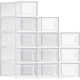 SONGMICS Shoe Boxes, Clear Plastic Sneaker Box, Pack of 12 | Stackable Shoe Storage Organizers, for Closet, 13.1 x 9.1 x 5.6 Inches, Transparent and White, DENNYS Collection ULSP12SWT