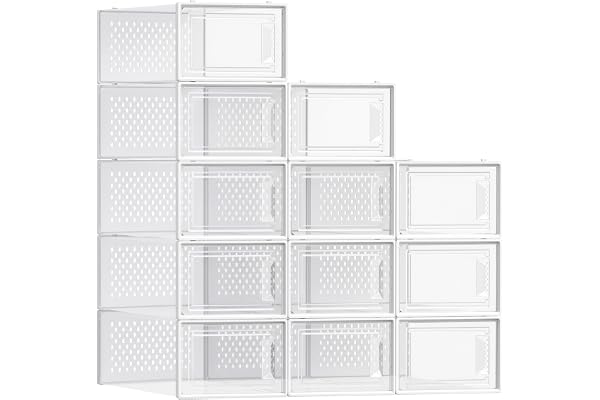 SONGMICS Shoe Boxes, Pack of 12 Shoe Storage Organizers, Stackable Clear Plastic Boxes for Closet, Fit up to US Size 11, Tran