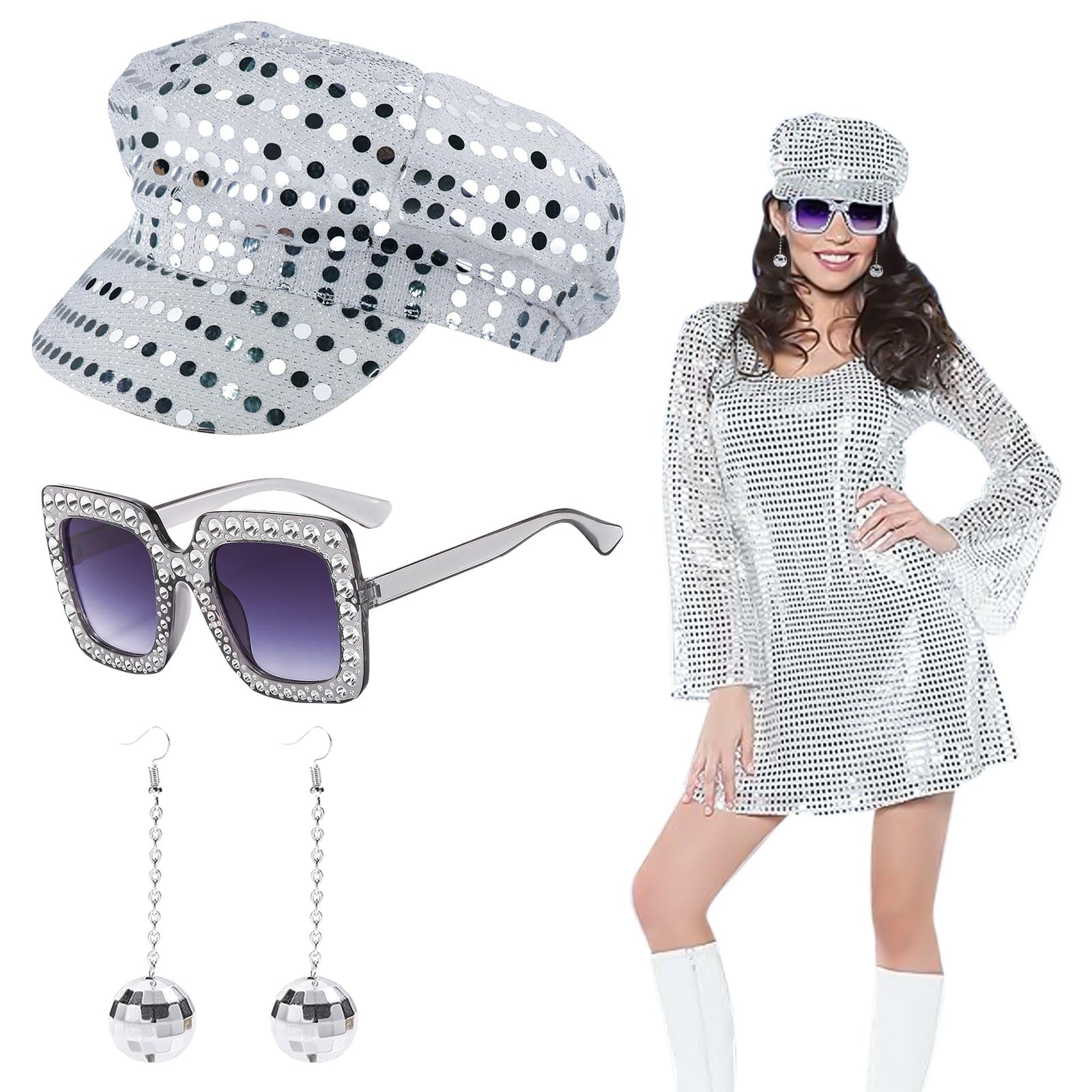 EUPSIIU 3 Pieces 70s Silver Disco Hat for Adults, Disco Costume with Glitter Abba Sequin Hat Earrings Square Bling Sunglasses Retro Fancy Dress Up for WomenTheme Party (Silver)