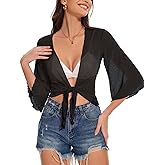 Women's Short Cardigan Bolero Shrug Sheer Tie Front Top 3/4 Sleeve Jacket for Dress