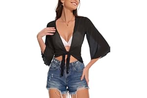 CHICGAL Women's Short Cardigan Bolero Shrug Sheer Tie Front Top 3/4 Sleeve Jacket for Dress