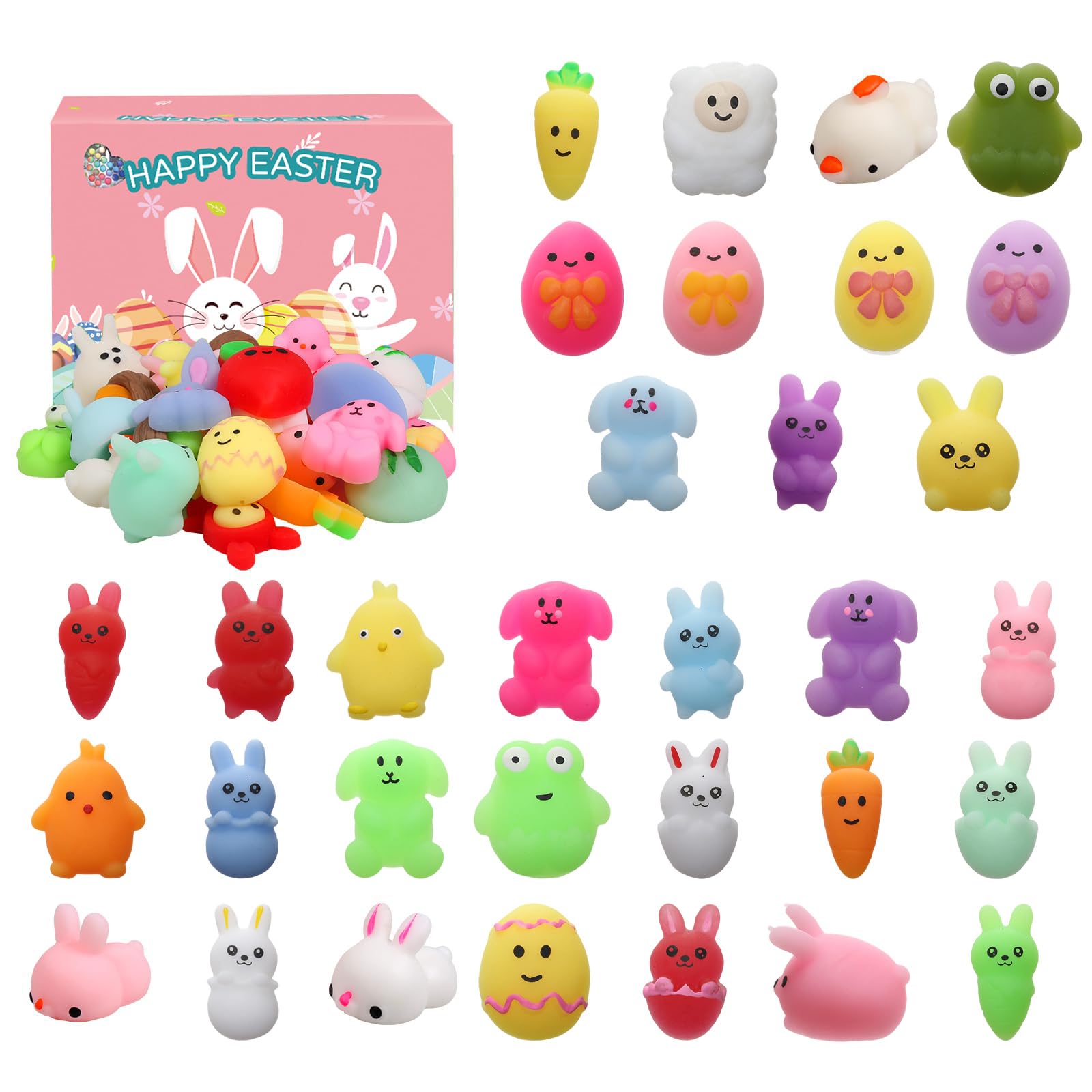32 PCS Easter Mochi Squishy Toys Stress Relief Squishies for Kids Boys Girls Toddlers Easter Basket Stuffers Egg Fillers Gifts Party Favors,Easter Basket Stuffers fillers with Storage Box