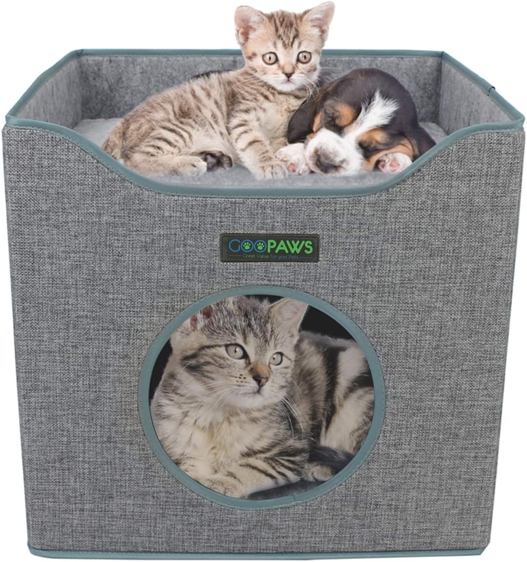 JESPET Foldable Cat Condo, Cat Cube House & Sleeper Bed with Lying Surface 2 Reversible Cushions, Cat Hiding Place, Cat Cave, Linenette Fabric, Felt and Engineered Wood, Scratch Resistant, Smoke Gray : Pet Supplies