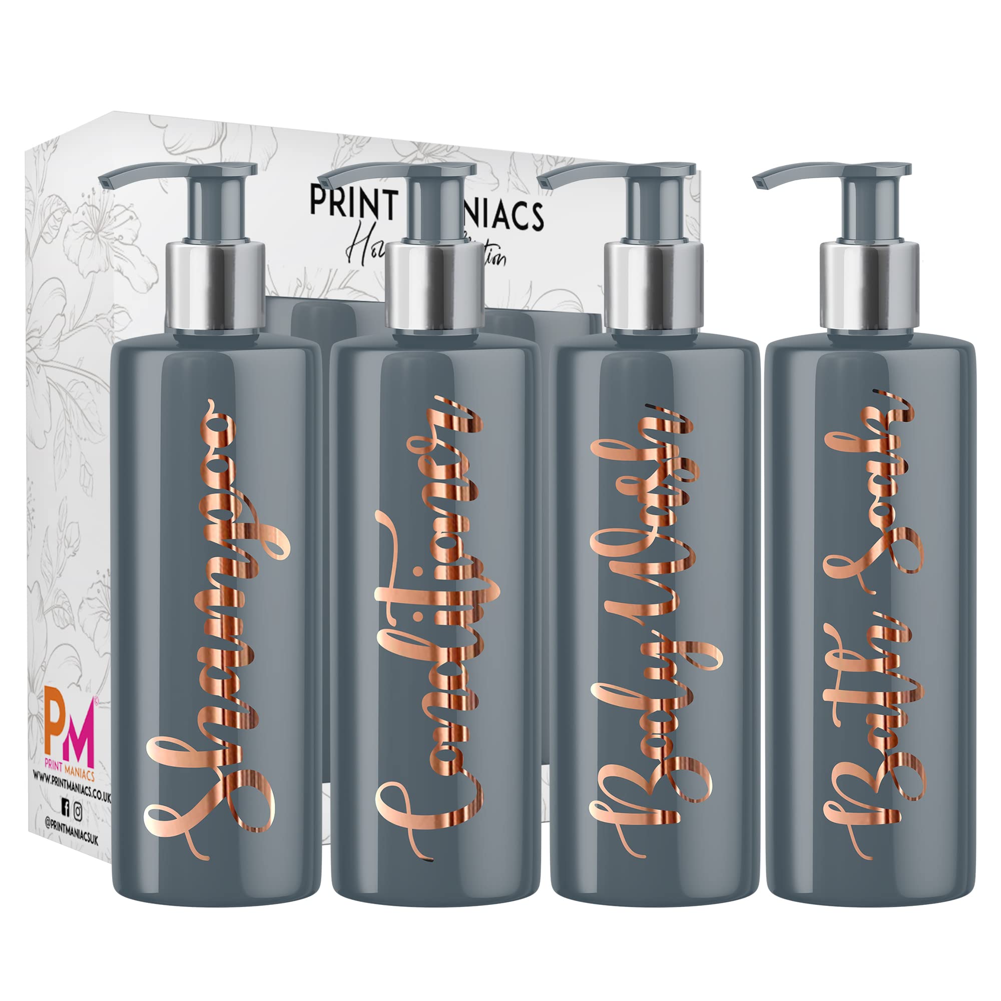 Print Maniacs Grey Mrs Hinch Inspired Personalised 500ml Pump Bottles Bathroom Set Shampoo Conditioner Body Wash Bath Soak (Copper)