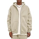 Flygo Mens Zip Up Hoodies Oversized Fleece Long Sleeve Drop Shoulder Hooded Sweatshirt Trendy Vintage Streetwear