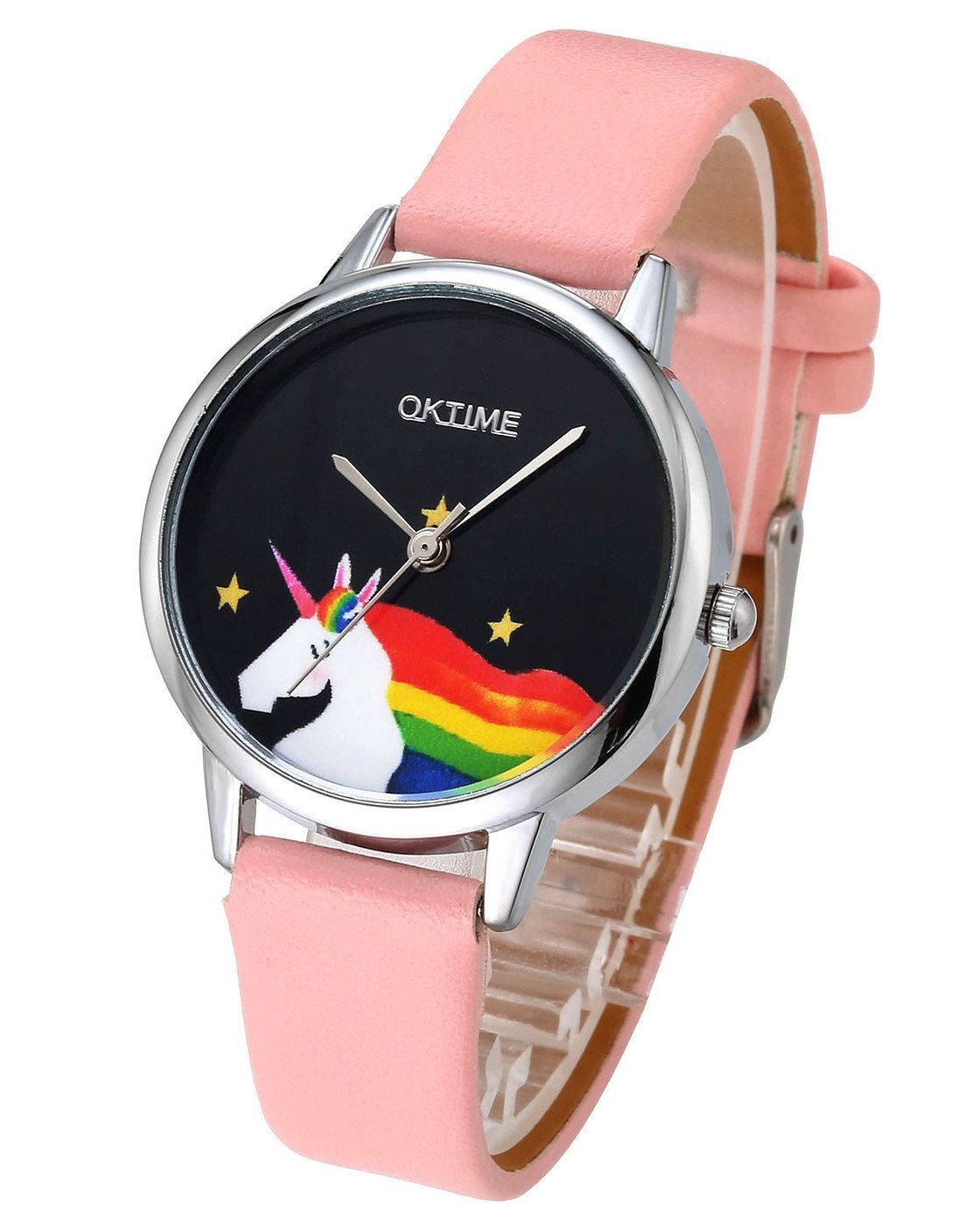 JSDDE Uhren, Cute Farbe Damen Armbanduhr Cartoon Einhorn Design Kleid Uhren Wasserdicht PU Lederband Silber Quarz Uhr,Rosa