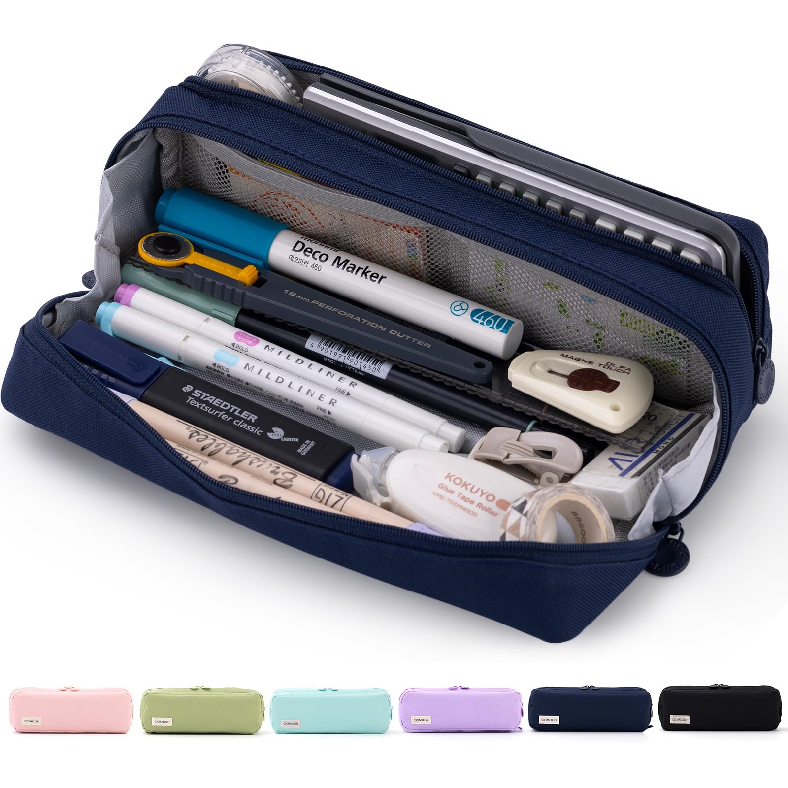 CICIMELON Large Capacity Pencil Case Pouch with Zipper Spacious Opening Pen Bag School Office Storage for Students Girls Boys Adults, Navy