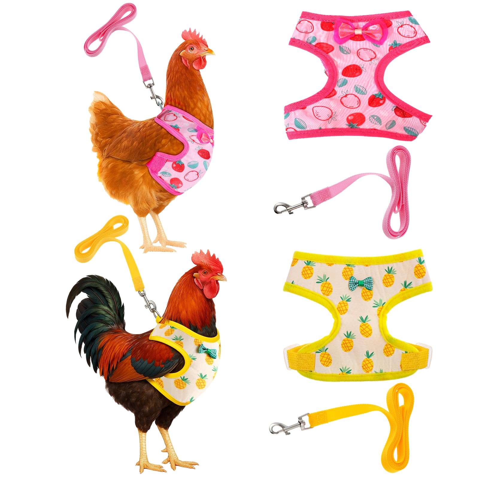Photo 1 of 2 Pcs Adjustable Chicken Harness and Leash Set, Comfortable Chicken Vest Elastic Hen Vest with Strawberry Pineapple Print for Small Pets Duck Goose Hen Training Walking Supplies