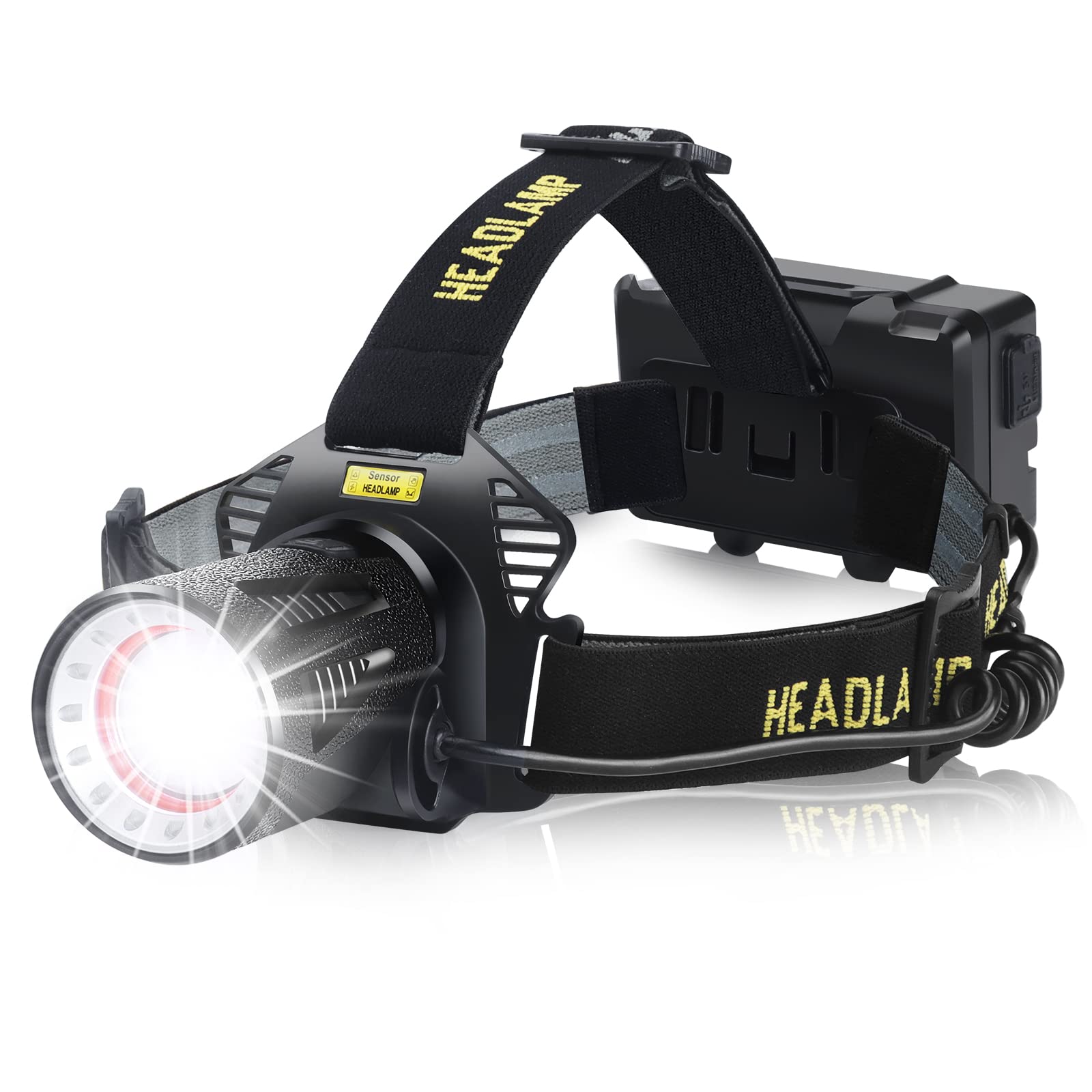 haoyehome Head Torch Super Bright, Head Torches LED Super Bright 8000 Lumens with Motion Sensors, 4 Modes, Zoomable, Head Torch Rechargeable for Camping Hunting Walking Fishing Biking