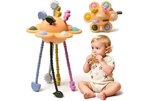 LITTLE RAWR Silicone Baby Sensory Montessori Toys & Pull String Teething Toys for 6-12-18 Months, Toddler Birthday Gift Car Seat Airplane Travel Toy for 1 2 Year Old Boy Girl Infant 8 9 10 Months Old (Orange)