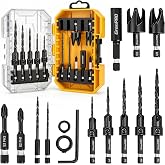 GRENPRO Countersink Drill Bit Set, 15PCS Tapered Bits with 2 Plug Cutters | Magnetic extension bit holder, 1/4" quick-change hex shank and storage box for woodworking, countersinking and plug cutting