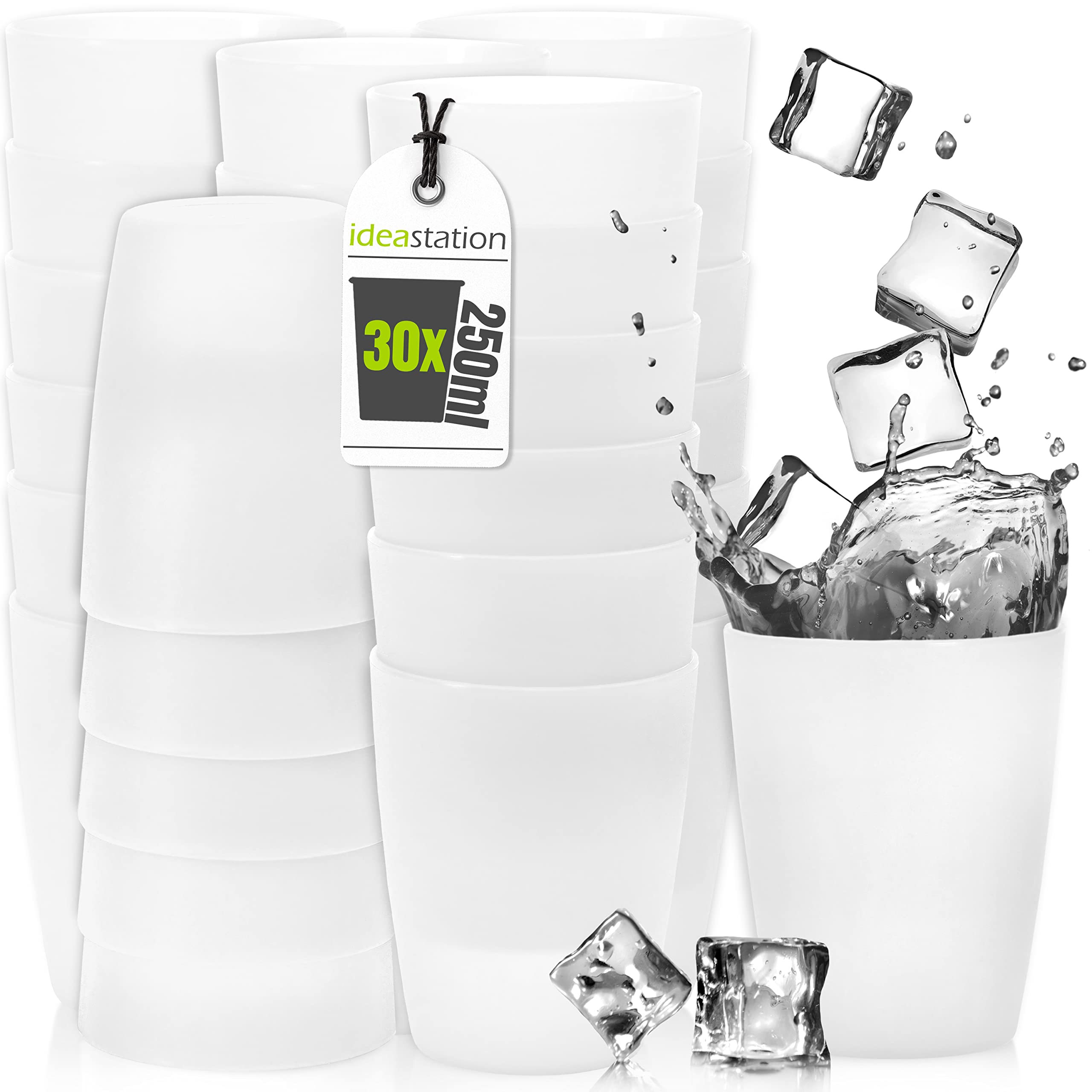 idea-station Plastic Cups 30 x 250 ml - Transparent - Plastic Cocktail Glasses - Perfect Party Cups for Cold & Hot Drinks - Reusable for Camping Kitchen, BBQ, Birthdays, Outdoor Activities