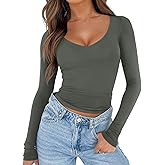 REORIA Women's V Neck Long Sleeve Slim Fitted Soft Layering Basic Shirt 2025 Fall Going Out Tops