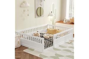 Favfurish Full Size Montessori Floor Bed, Solid Wood Playhouse Bedframe with Safety High Fence for Kids, Girls, Boys, Bedroom, Playroom, Easy Assembly & No Box Spring Needed, White