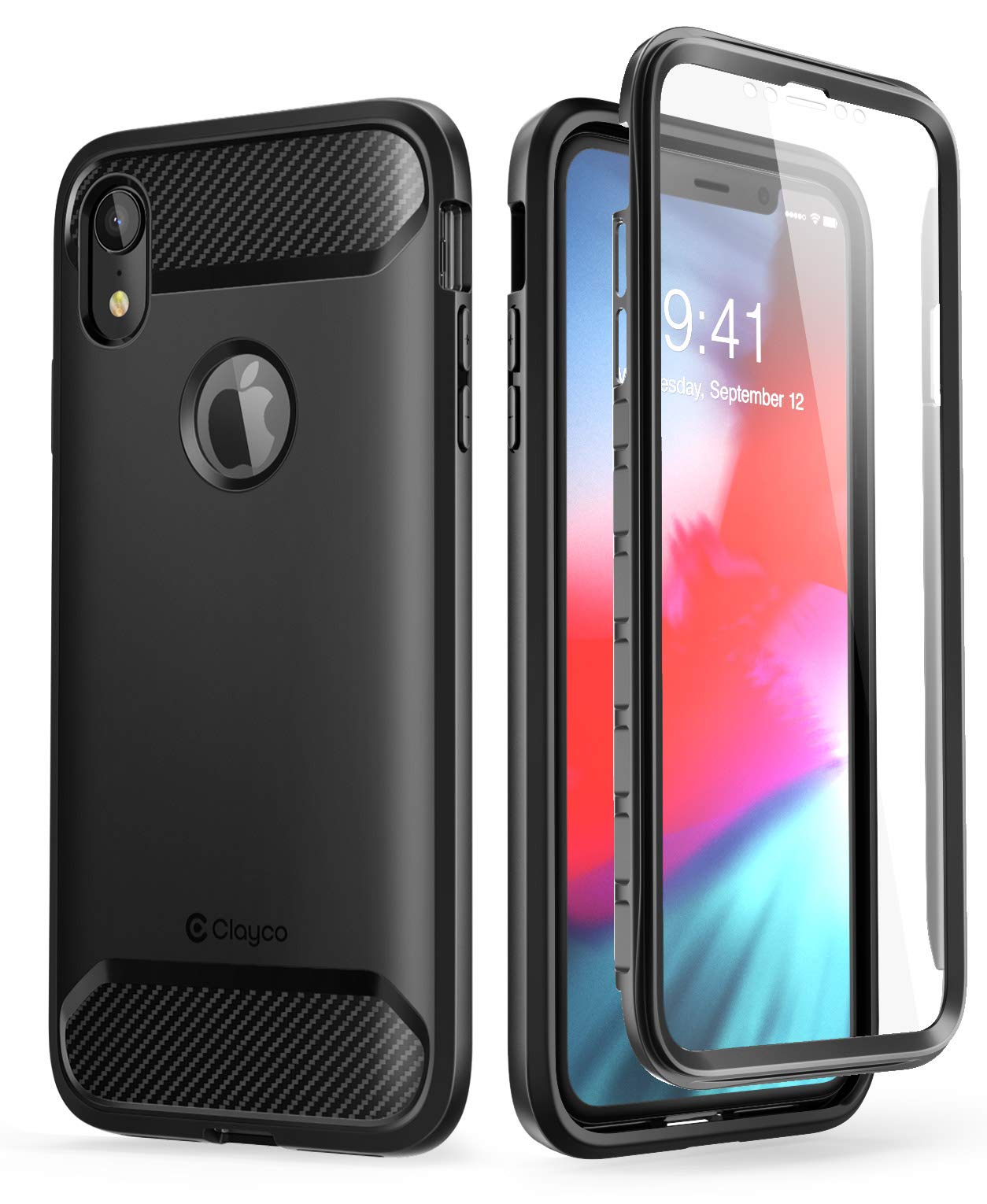 iPhone XR Case, Clayco [Xenon] Full-Body Rugged Case with Built-in Screen Protector for Apple iPhone XR 6.1 Inch 2018 (Black)