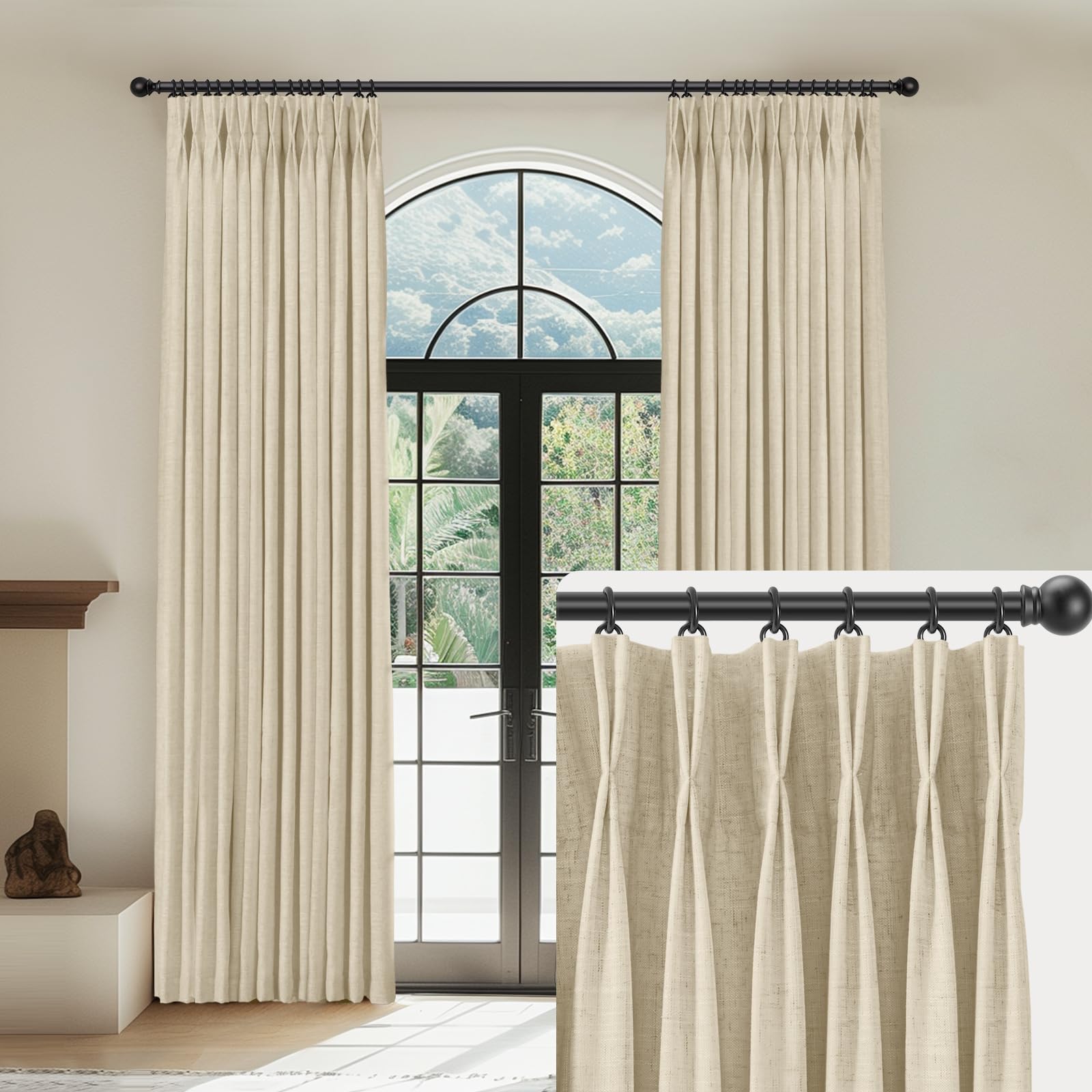 Photo 1 of CAPALOCA Linen Pinch Pleated Curtains Blackout 100% Black Out Curtains 105 Inches Long 2 Panels with Hooks, Thermal Insulated Pinch Pleat Drapes for Bedroom, 40Wx105L, Beige
