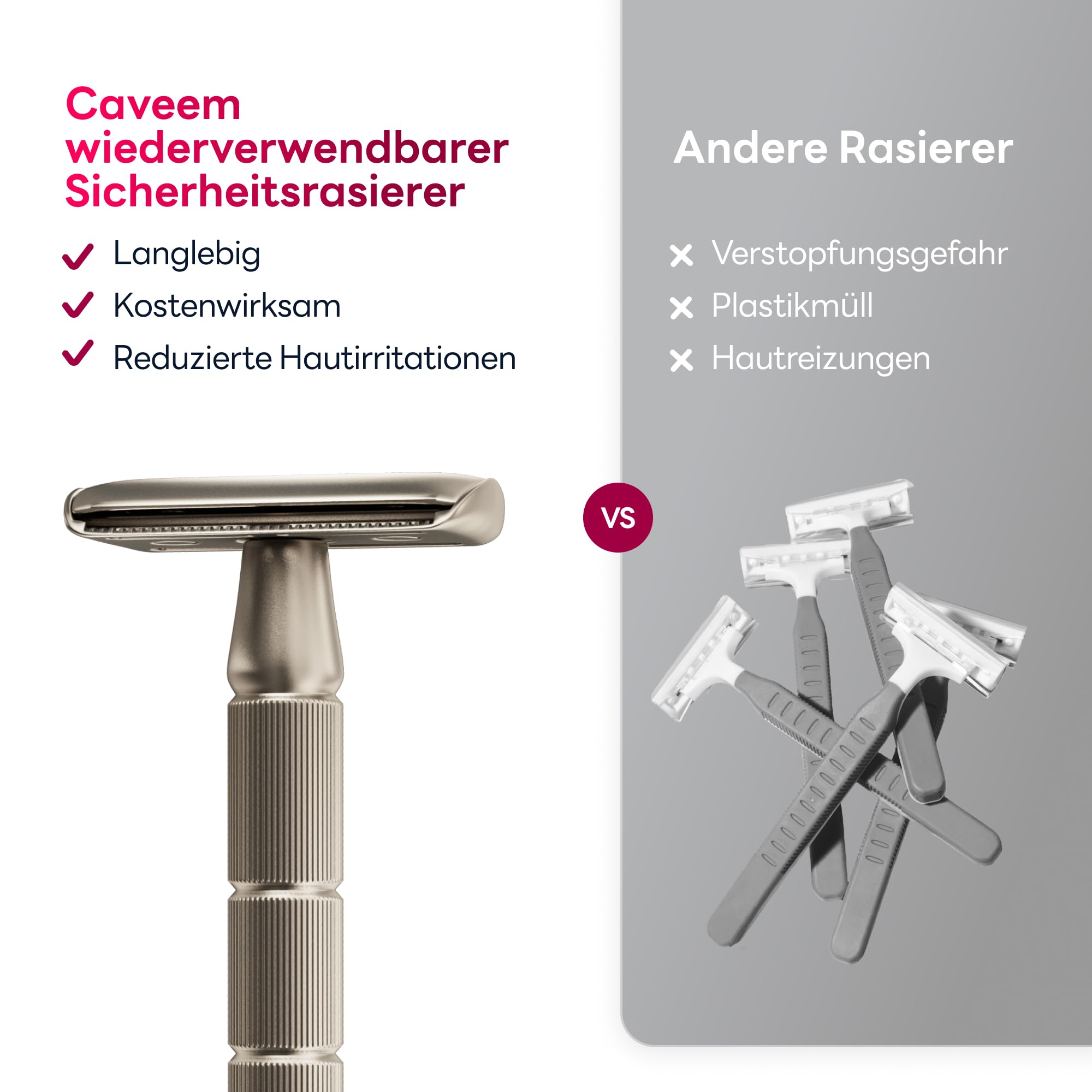 CAVEEM Rasierhobel mit zwei Klingen, Einklingenrasierer mit 5 Rasierklingen aus Edelstahl für Männer und Frauen, wiederverwendbarer Rasierer aus Metall – Champagner matt 5