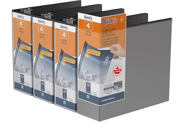 QuickFit View Binder, 3-Ring Binder for School or Office, D Ring, Black, 4 Pack, 4 Inch