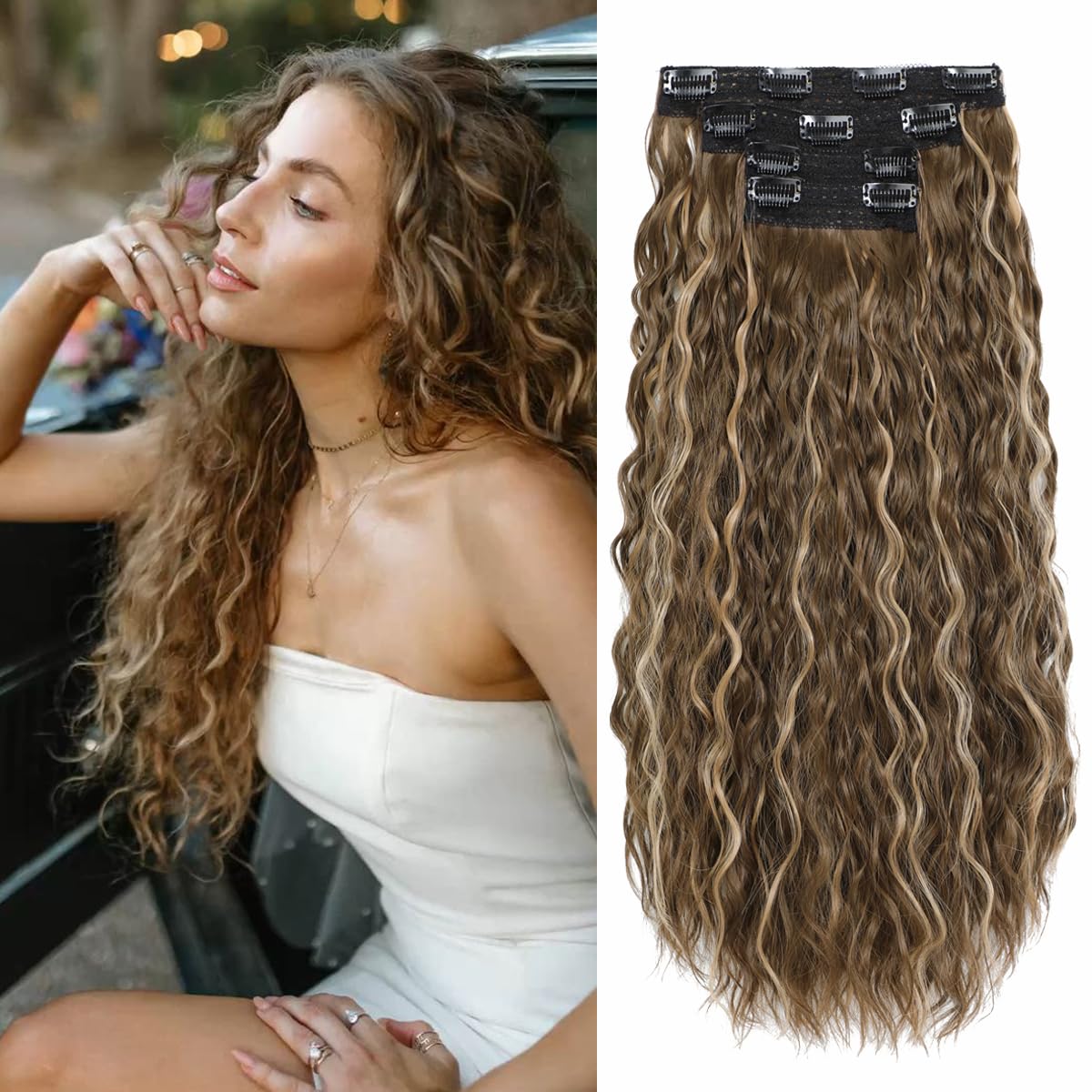 VEGALILY Curly Hair Extensions 4PCS Hair extensions Clip in 20inch Ombre Brown Clip in hair Extension Full Head Synthetic Fiber Hairpieces for Women (Light Brown with Highlights)