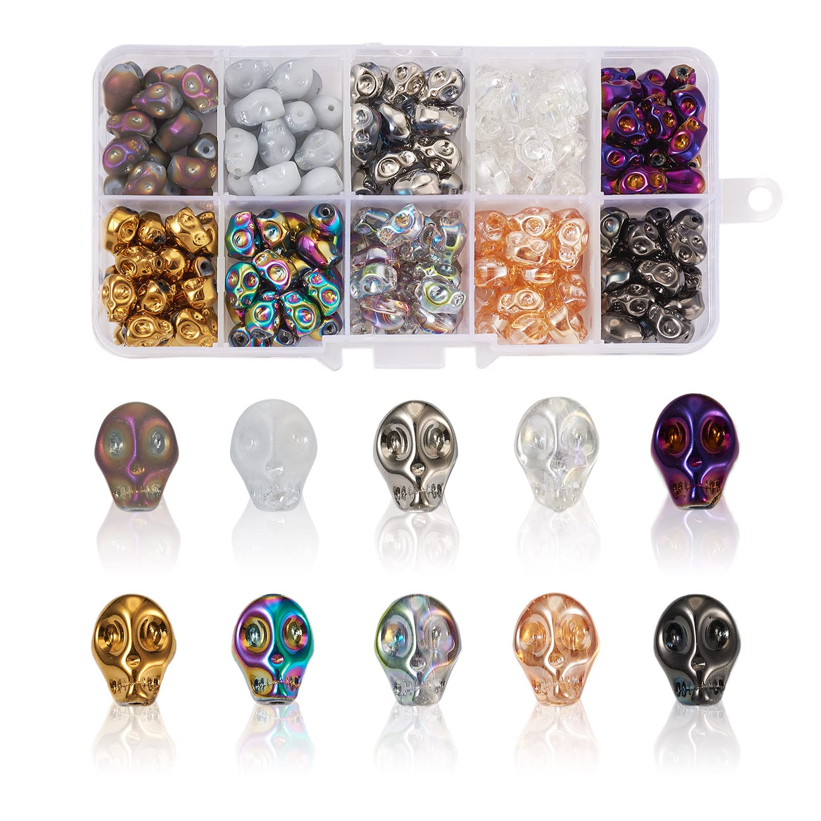Pandahall 200Pcs Skull Head Electroplate Glass Beads Crystal Skeleton Head Bead Spacer Charms for Jewelry Making Bracelet Necklace Beading Accessories