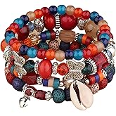 4Pcs Set Bohemian Shell Butterfly Heart Crystal Stone Stretch Pendant Bracelets for Women Beaded Stackable Stretch Bracelet Colorful Charm Jewelry Boho Summer Beach