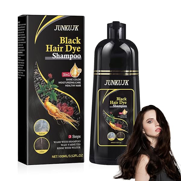 JUNKUJK BLACK HAIR DYE SHAMPOO 3 IN 1, BLACK HAIR SHAMPOO FOR GRAY HAIR COVERAGE,INSTANT HAIR COLOR SHAMPOO FOR WOMEN & MEN