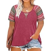 TIYOMI Plus Size T Shirt Tunic Tee Color Block Crewneck Raglan Summer Short Sleeve Tee XL-5XL