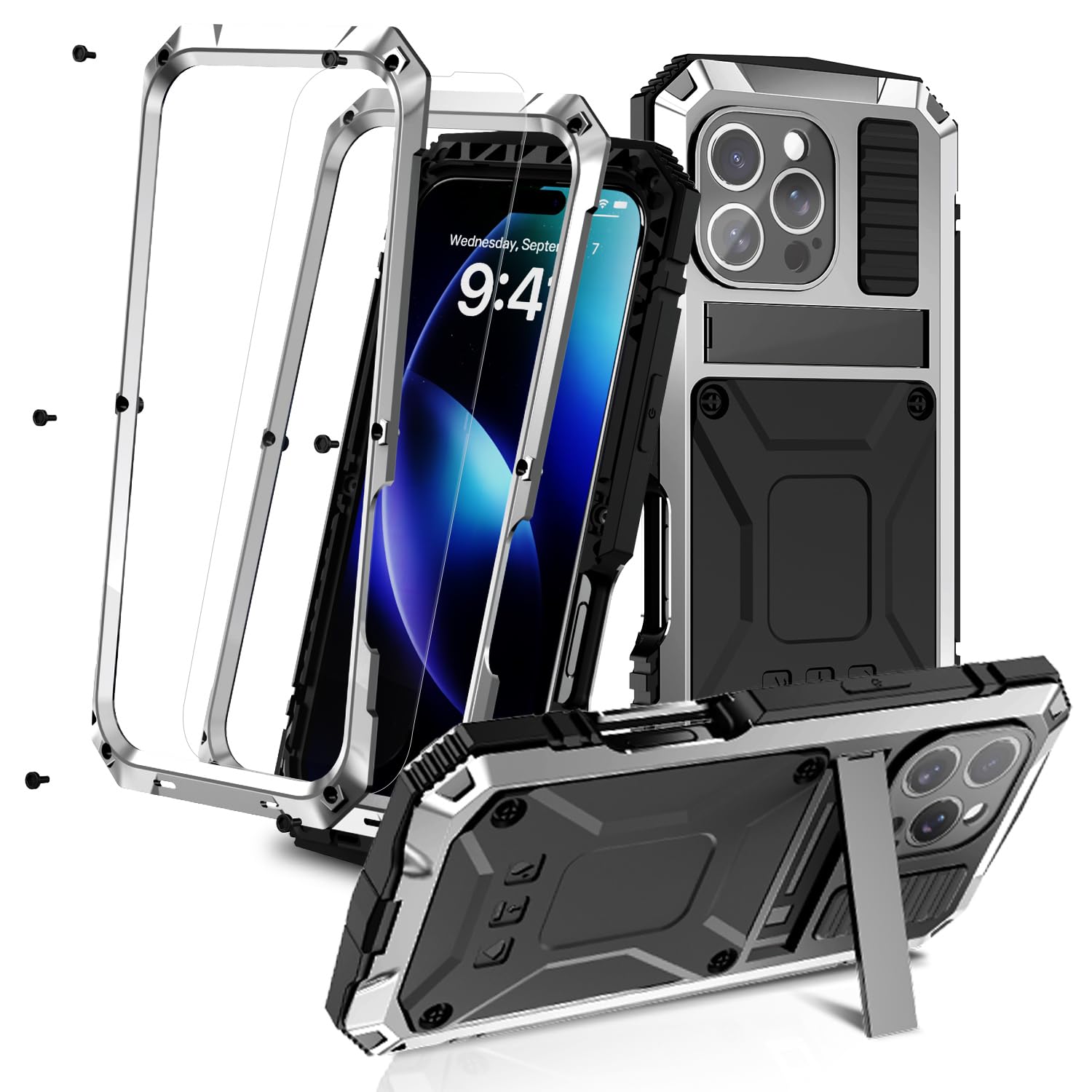 MIYIYQP Compatible for iPhone 16 Pro Max 5G Case with Stand Kickstand & Built-in Camera & Screen Protector, Aluminum Metal Gorilla Glass Shockproof Heavy Duty Sturdy Protector Cover Hard Case (Silver)